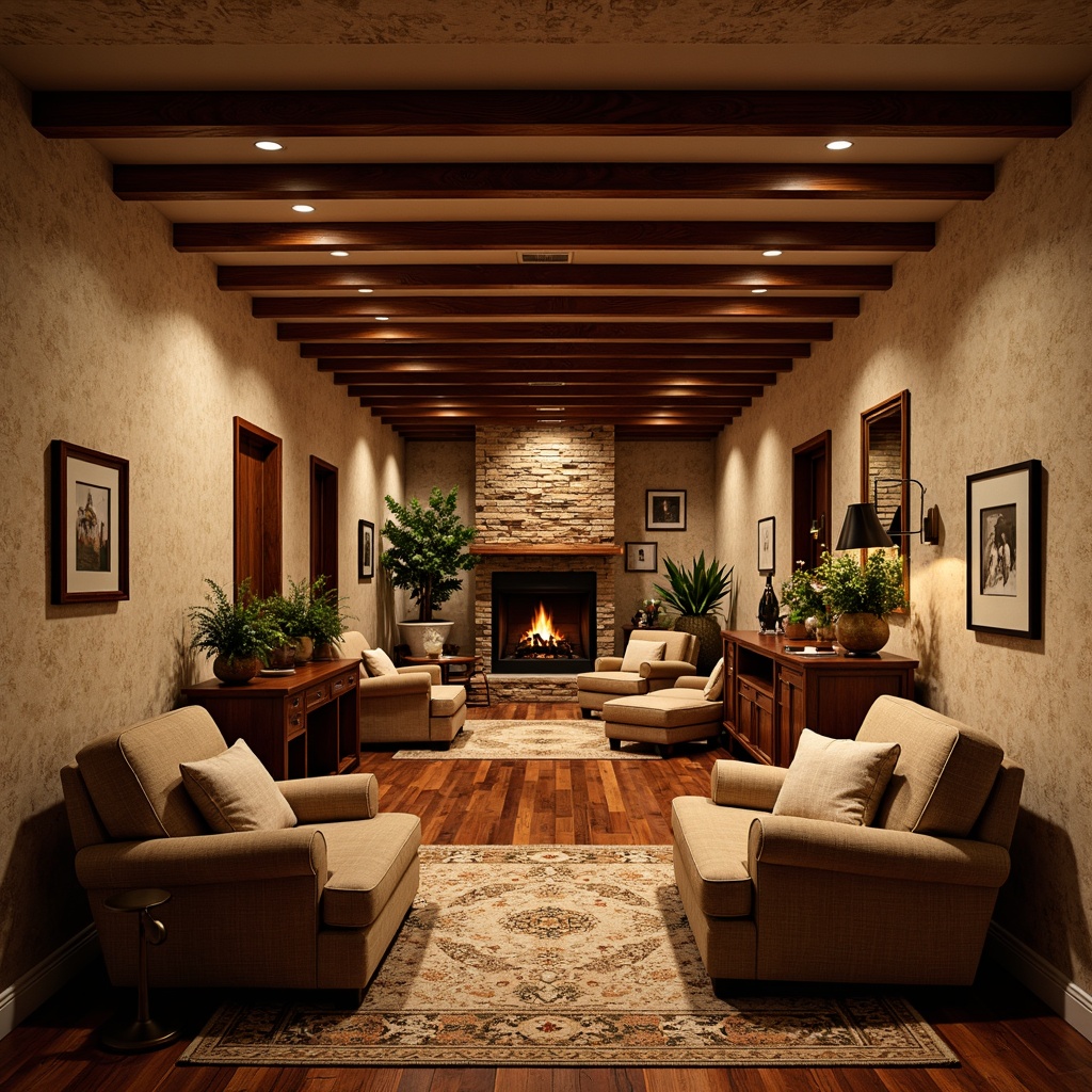 Prompt: Cozy basement, traditional style, warm ambiance, rustic wooden accents, exposed brick walls, vintage decor, plush area rugs, richly stained hardwood flooring, ornate metal railings, soft warm lighting, warm beige tones, natural stone features, earthy scent, intimate seating areas, decorative wooden beams, classic furniture pieces, subtle texture variations, realistic wood grain details, shallow depth of field, 1/1 composition, inviting atmosphere.