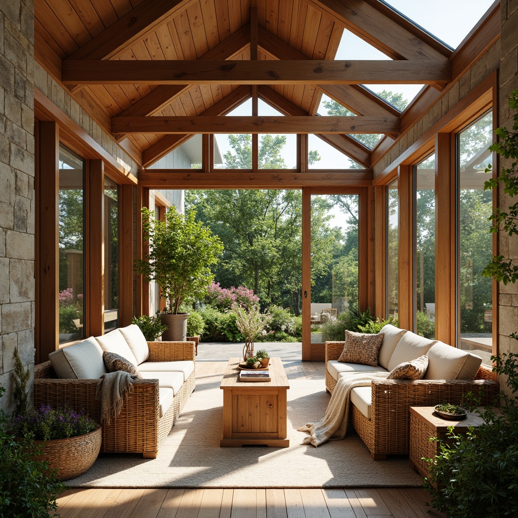 Prompt: Cozy sunroom, rustic wooden beams, earthy tones, natural stone walls, large windows, sliding glass doors, skylights, clerestory windows, soft warm lighting, minimal obstructions, open floor plan, organic textures, reclaimed wood accents, woven wicker furniture, plush throw blankets, vibrant greenery, blooming plants, sunny day, gentle warm breeze, 1/1 composition, shallow depth of field, realistic rendering.