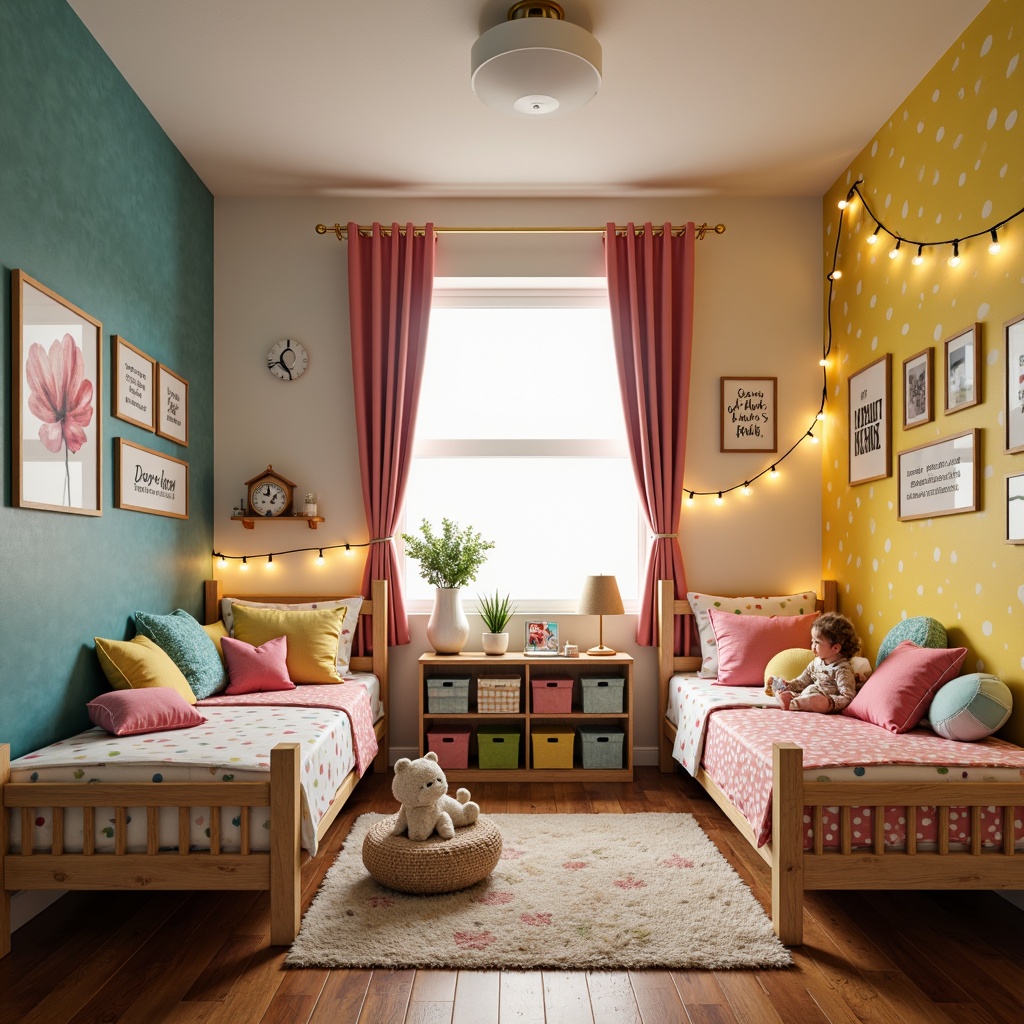 Prompt: Whimsical children's bedroom, vibrant color scheme, playful polka dots, soft plush toys, cozy reading nook, fairy lights, delicate flower patterns, kid-friendly furniture, sturdy wooden beds, colorful storage bins, educational wall art, inspirational quotes, gentle warm lighting, shallow depth of field, 1/2 composition, intimate atmosphere, realistic textures, ambient occlusion.