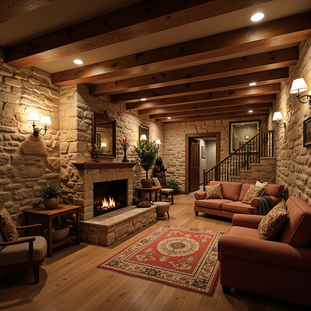 Prompt: Cozy basement, traditional style, warm wood accents, rustic stone walls, vintage furniture, plush area rugs, richly stained hardwood floors, distressed wooden beams, soft warm lighting, inviting atmosphere, natural stone fireplaces, ornate metal railings, earthy color palette, comfortable seating areas, decorative wall sconces, textured throw blankets, warm beige tones, traditional English-inspired decor, luxurious velvet fabrics, intricate wooden moldings, 1/1 composition, shallow depth of field, realistic textures.