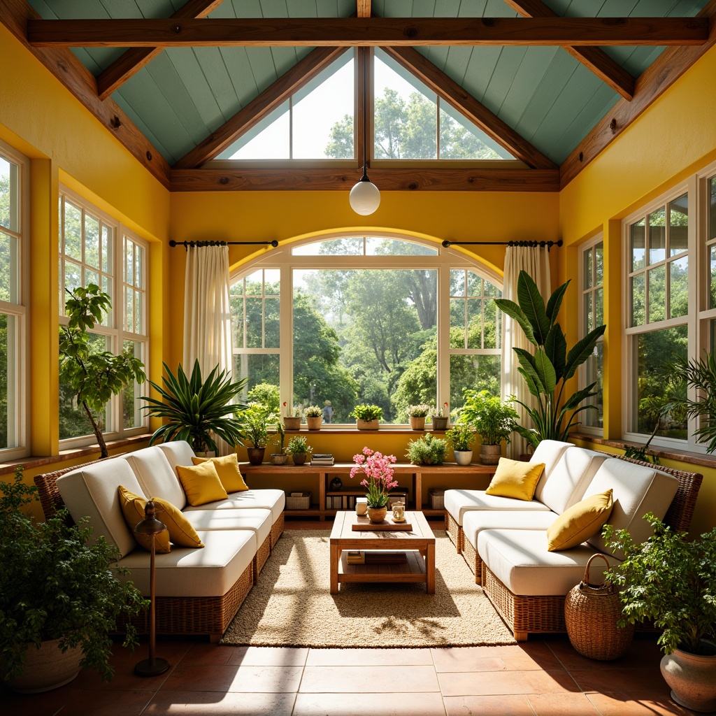 Prompt: Cozy sunroom, warm natural light, bright yellow walls, creamy white furniture, lush greenery, blooming flowers, rattan armchairs, soft cushions, earthy terracotta floors, wooden beams, sky blue ceiling, large windows, sliding glass doors, tropical plants, sunny afternoon, warm golden lighting, shallow depth of field, 1/1 composition, vibrant colorful accents, realistic textures, ambient occlusion.