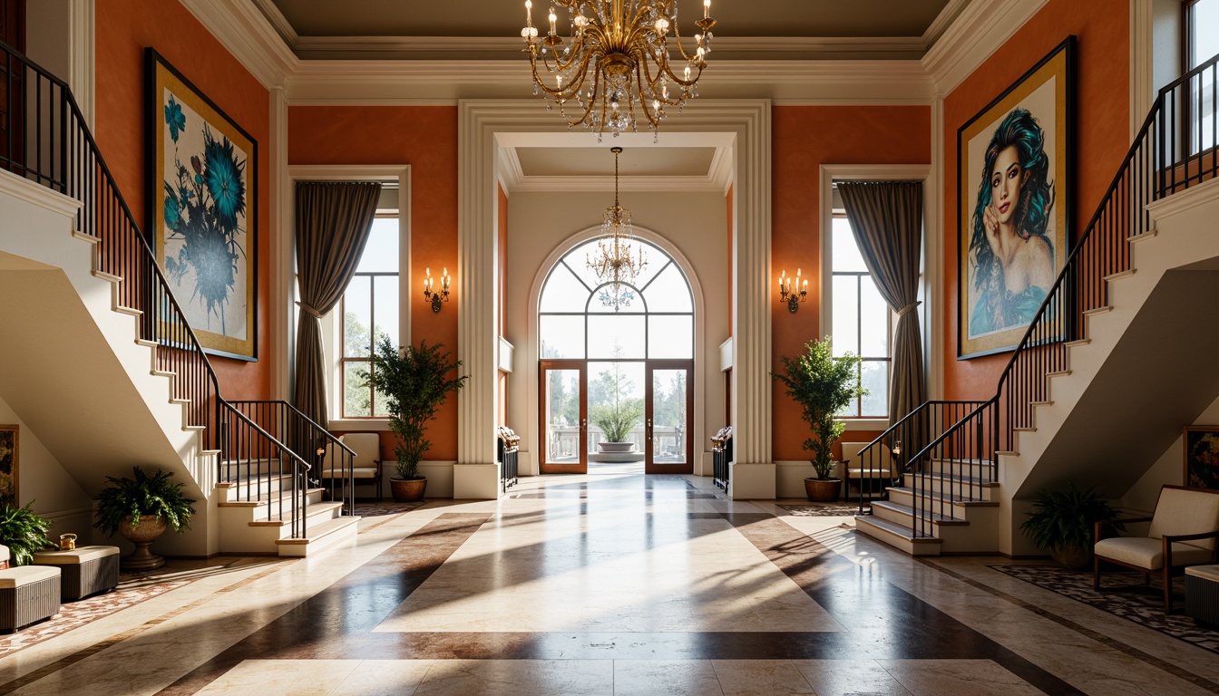 Prompt: Grand entrance hall, high ceilings, ornate chandeliers, marble floors, sweeping staircases, elegant archways, vibrant color schemes, abstract expressionist art pieces, natural light pouring in through floor-to-ceiling windows, soft warm glow, shallow depth of field, 1/2 composition, realistic textures, ambient occlusion.