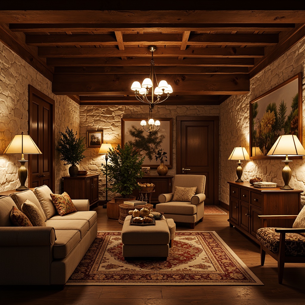 Prompt: Cozy basement, warm traditional style, soft warm lighting, table lamps, floor lamps, pendant lights, recessed ceiling lights, wooden beams, natural stone walls, earthy color palette, comfortable seating areas, rustic furniture, vintage decor, rich textiles, plush carpets, warm-toned wood accents, classic architectural details, elegant chandeliers, subtle ambient illumination, 1/1 composition, realistic shadows, soft focus.