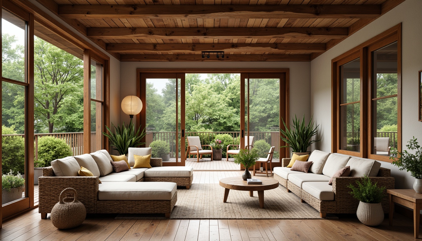 Prompt: Cozy rustic sunroom, reclaimed wooden planks, distressed textures, earthy tones, natural stone accents, warm beige colors, plush area rugs, comfortable seating areas, lush greenery views, sliding glass doors, soft diffused lighting, 1/1 composition, relaxed atmosphere.