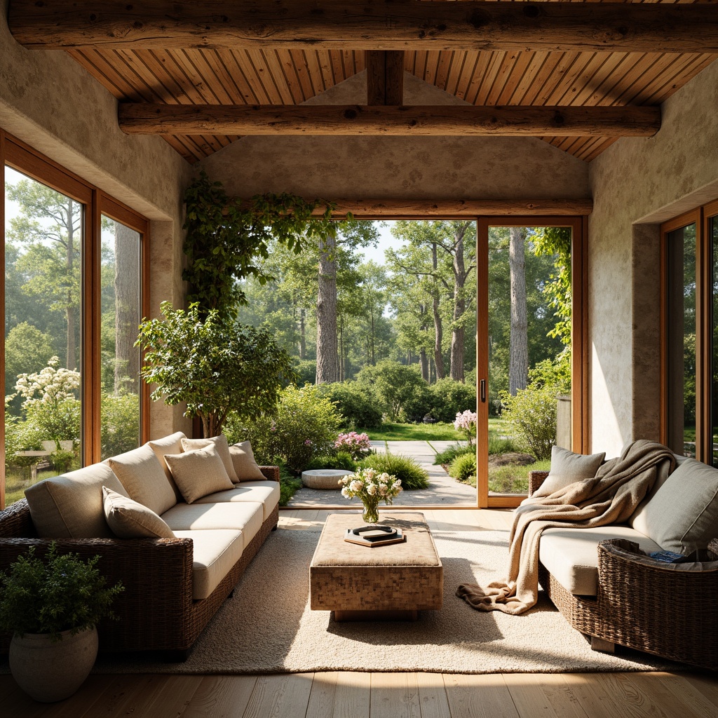 Prompt: Rustic sunroom, wooden beam ceiling, stone walls, earthy color palette, abundant natural light, large skylights, sliding glass doors, verdant greenery views, blooming flowers, wicker furniture, linen upholstery, woven textiles, rough-hewn wood accents, distressed metal decor, warm cozy ambiance, soft diffused lighting, shallow depth of field, 1/1 composition, panoramic view, realistic textures, ambient occlusion.