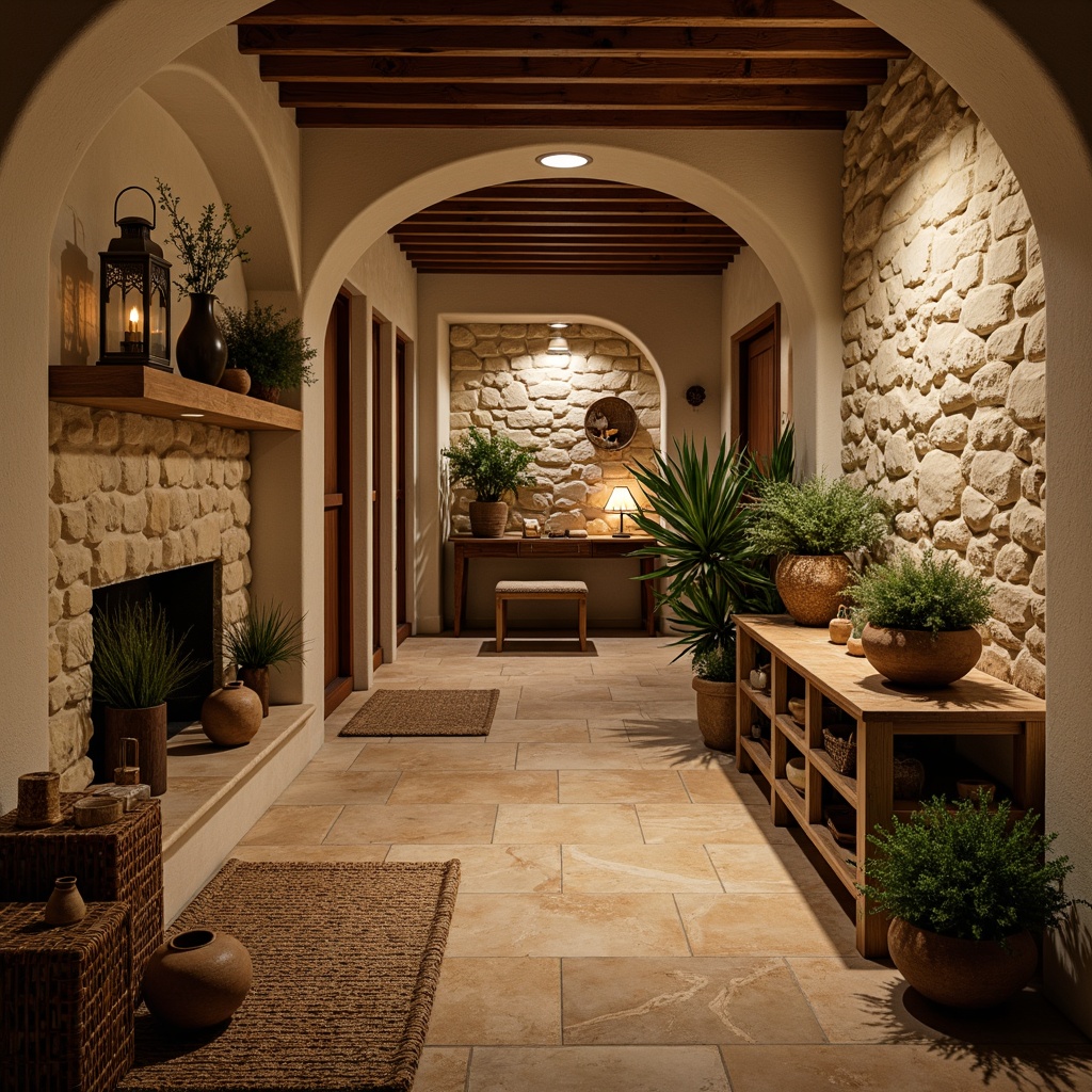 Prompt: Cozy basement atmosphere, traditional stone walls, rustic wooden accents, warm beige tones, soft cream-colored trim, vintage metal lanterns, distressed wood shelves, woven baskets, plush area rugs, earthy terracotta pots, lush greenery, natural stone flooring, ambient warm lighting, shallow depth of field, 1/2 composition, realistic textures, subtle atmospheric fog.