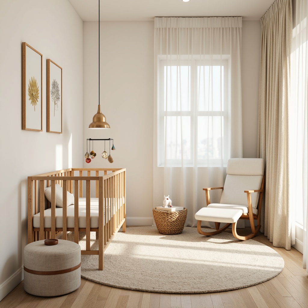 Prompt: Minimalist baby room, creamy white walls, soft warm lighting, plush area rug, modern crib, curved lines, natural wood accents, gentle color palette, toys storage ottoman, comfortable glider rocker, circular mobiles, subtle texture patterns, cozy reading nook, floor-to-ceiling curtains, sheer fabrics, minimalist shelving units, decorative wall art, 1/1 composition, soft focus, warm beige tones, serene atmosphere.