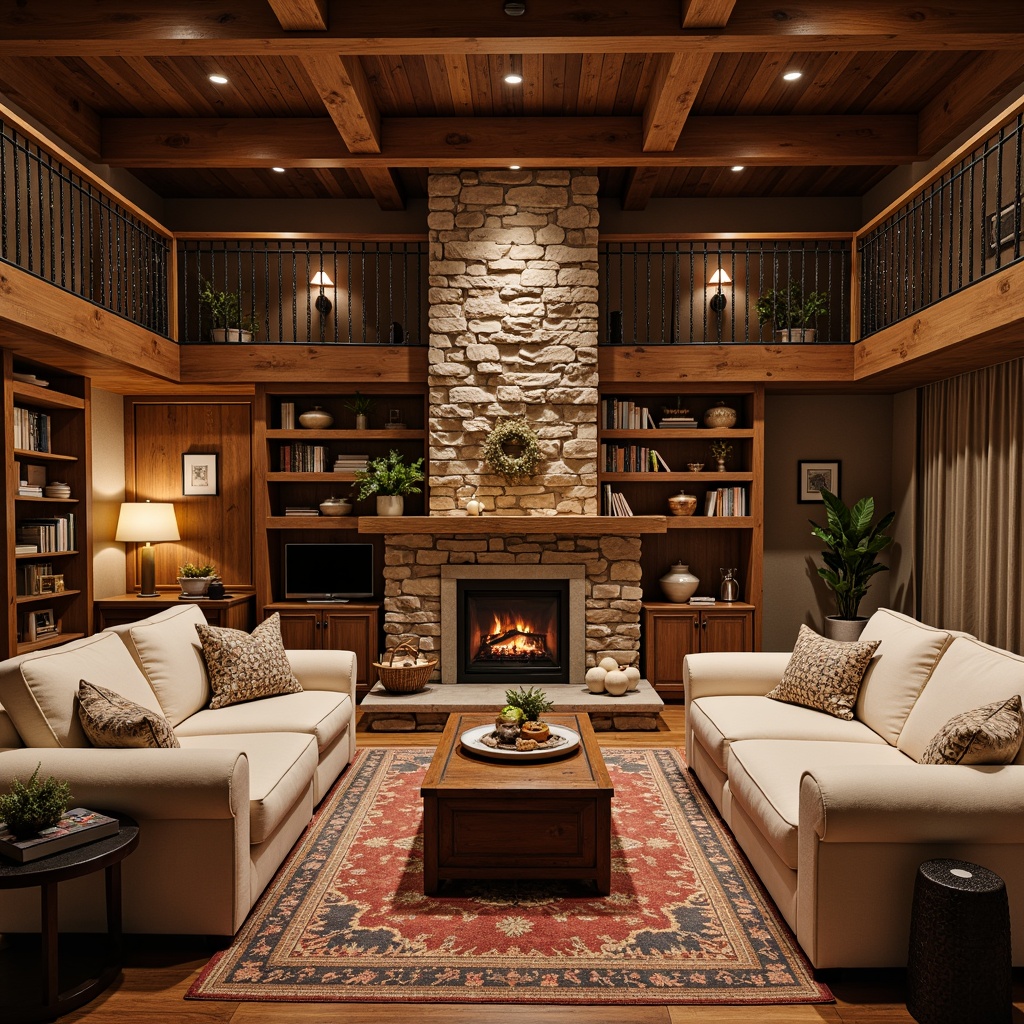 Prompt: Cozy basement, traditional style, warm wooden accents, rustic stone walls, plush area rugs, richly stained hardwood floors, ornate metal railings, soft cream-colored sofas, vintage decorative lighting, earthy tone color palette, natural stone fireplaces, built-in wooden shelves, comfortable reading nooks, warm ambient lighting, shallow depth of field, 1/1 composition, realistic textures, subtle atmospheric fog.