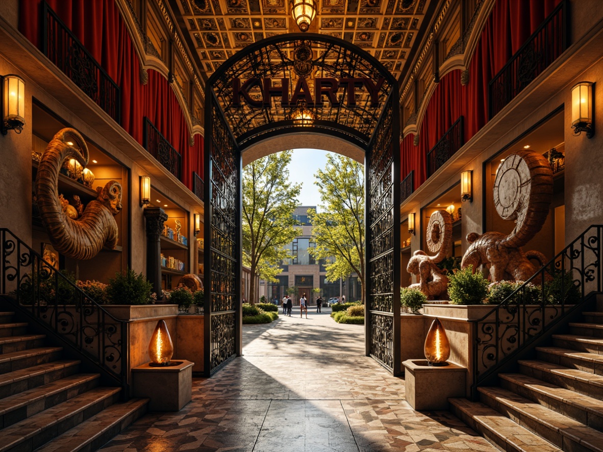 Prompt: Vibrant entrance gates, ornate metalwork, bold typography, eclectic mix of materials, distressed textures, rich jewel-toned colors, abstract sculptures, oversized lanterns, winding staircases, grand chandeliers, luxurious velvet drapes, intricate mosaic patterns, warm golden lighting, dramatic shadows, 1/1 composition, low-angle shot, cinematic atmosphere, high-contrast ratio.