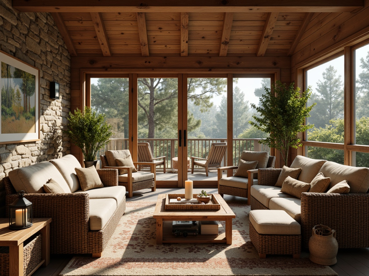 Prompt: Cozy sunroom, rustic wood accents, natural stone walls, earthy color palette, plush area rugs, comfortable sofas, wooden armchairs, vintage decorative items, woven baskets, potted plants, reclaimed wood coffee tables, metal lanterns, warm candle lighting, nature-inspired artwork, panoramic windows, sliding glass doors, outdoor views, surrounding forest, sunny afternoon, soft diffused light, 1/1 composition, realistic textures, ambient occlusion.