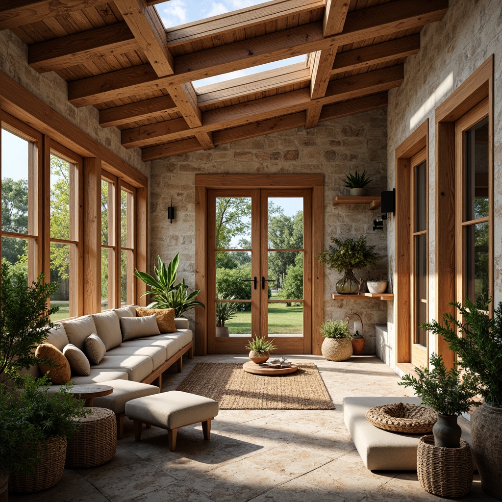 Prompt: Rustic sunroom, wooden beams, stone walls, earthy tones, large windows, glass doors, skylights, clerestory windows, natural stone flooring, reclaimed wood accents, woven textiles, cozy seating areas, potted plants, greenery, warm sunny day, soft diffused lighting, shallow depth of field, 1/1 composition, intimate atmosphere, rustic charm.