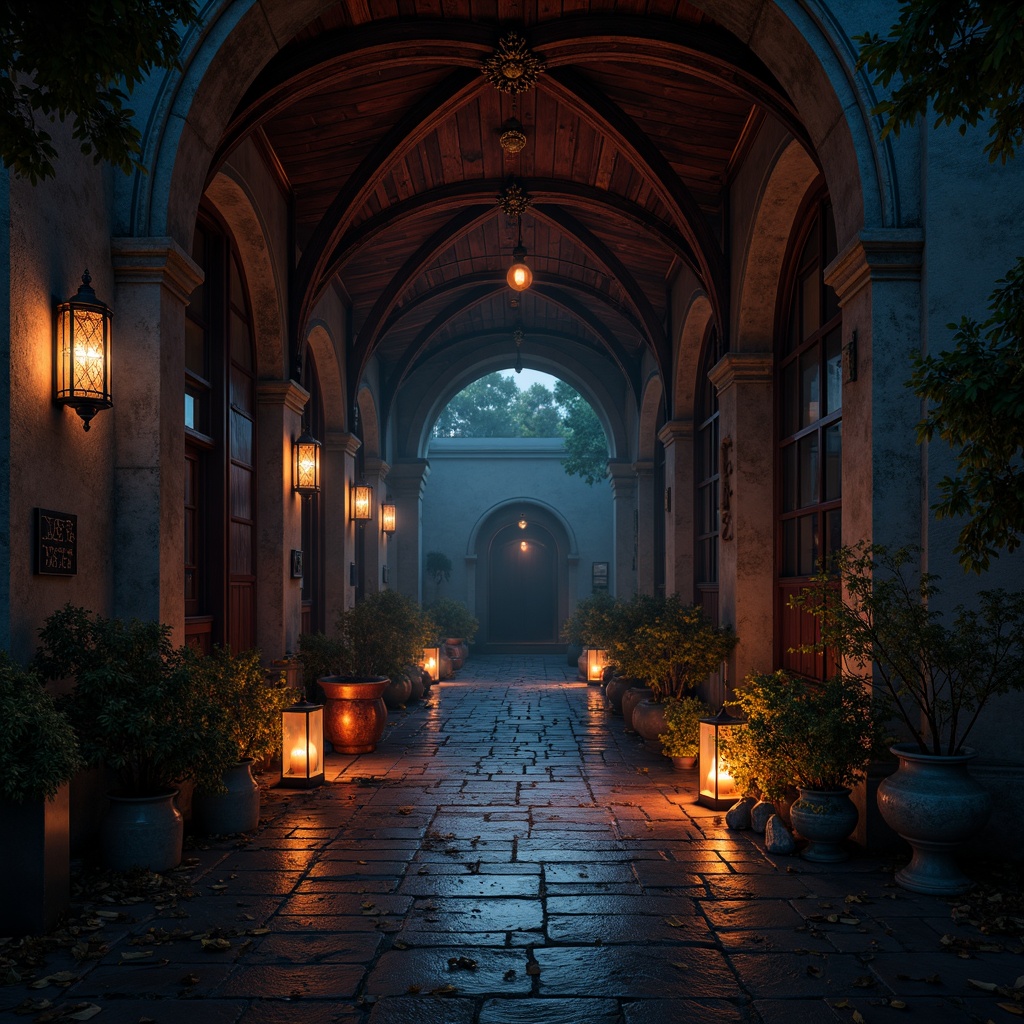 Prompt: Dark mysterious ambiance, gothic arches, ornate stone carvings, rich velvety black, deep crimson red, midnight blue, weathered copper accents, distressed wood textures, mystical lanterns, eerie candlelight, dramatic shadows, ancient ruins inspiration, luxurious gold details, mysterious foggy atmosphere, 1/2 composition, warm soft focus, subtle color grading.