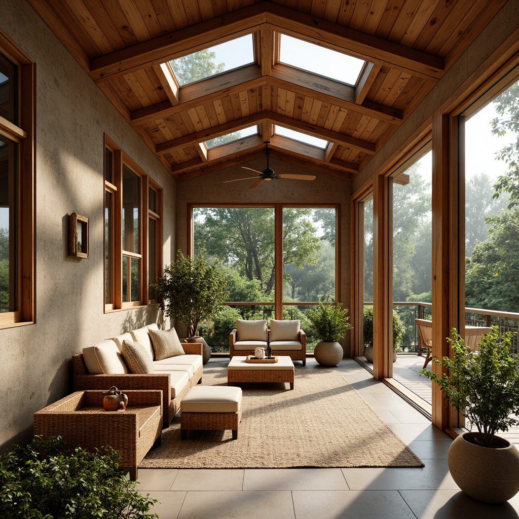 Prompt: Rustic sunroom, wooden beams, earthy tones, natural stone walls, large windows, skylights, glass doors, sliding panels, minimal ornamentation, cozy seating areas, plush cushions, woven textiles, organic patterns, warm color palette, soft diffused lighting, morning sunlight, afternoon glow, gentle shadows, 1/2 composition, shallow depth of field, realistic wood textures, ambient occlusion.