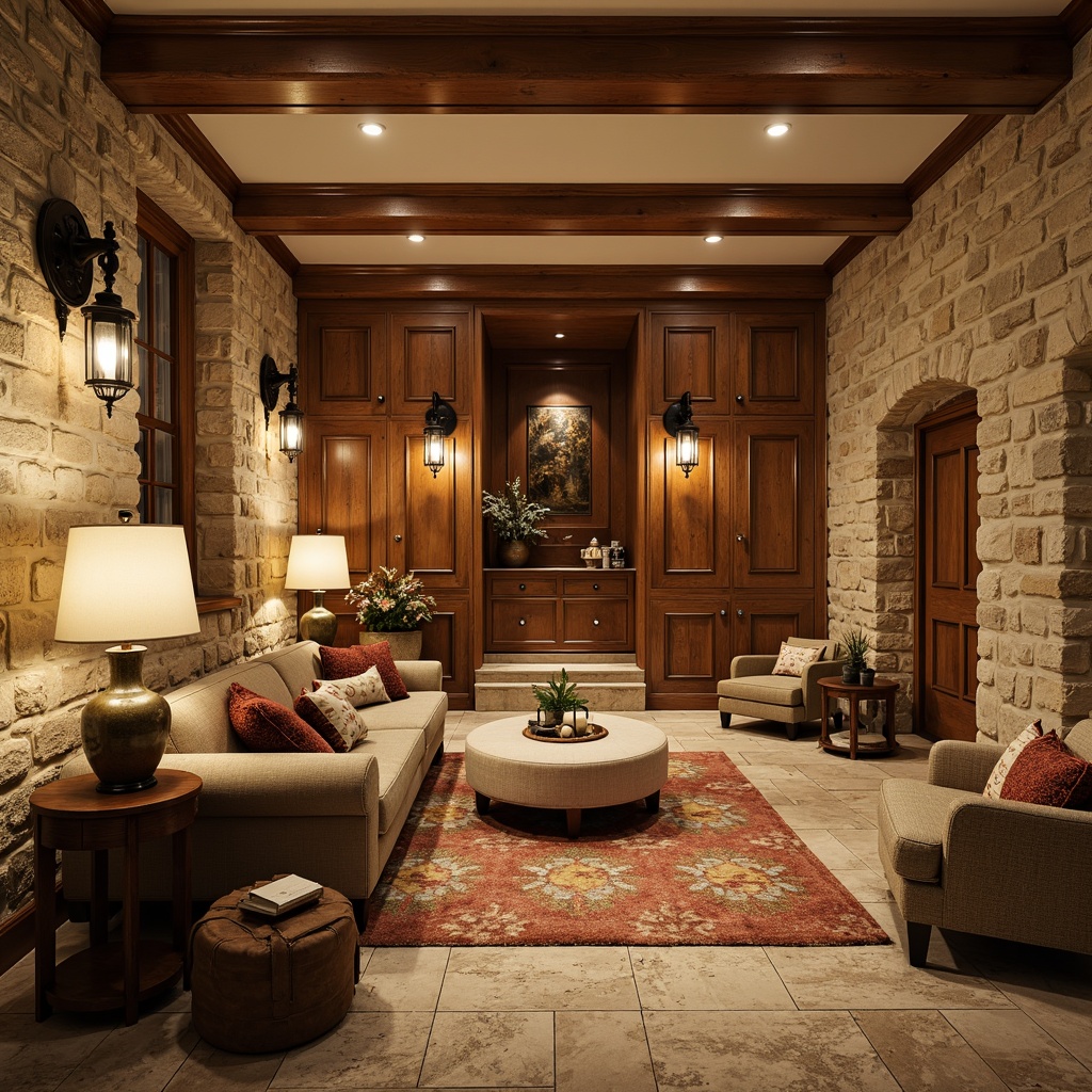 Prompt: Cozy basement, traditional stone walls, rustic wooden accents, warm beige tones, soft cream-colored trim, ornate wooden paneling, vintage metal lanterns, distressed leather furniture, plush area rugs, natural fiber textiles, warm golden lighting, subtle shadowing, 1/2 composition, inviting atmosphere, realistic stonework, ambient occlusion.Let me know if you need any adjustments!