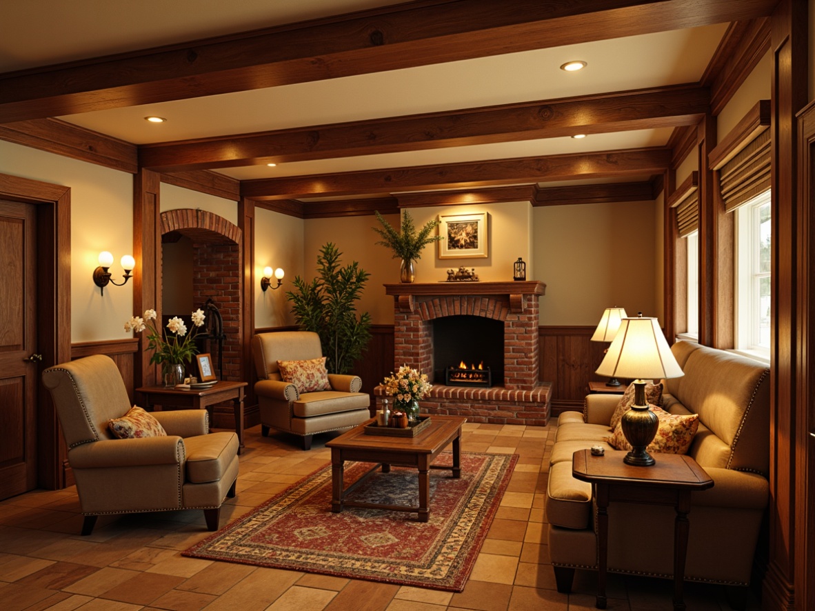 Prompt: Warm earthy basement, traditional style, rustic wood accents, vintage decorative trims, cozy atmosphere, warm beige walls, rich walnut furniture, soft cream ceilings, distressed leather sofas, antique bronze fixtures, ornate metal lanterns, classic brick archways, natural stone fireplaces, warm golden lighting, shallow depth of field, 2/3 composition, realistic textures, ambient occlusion.