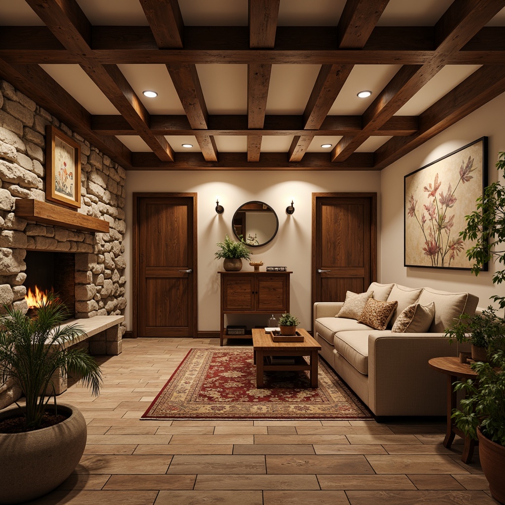 Prompt: Cozy basement, traditional style, warm earthy tones, rich wood accents, elegant stone walls, plush area rugs, statement lighting fixtures, vintage furniture pieces, classic wall decor, natural stone flooring, herringbone pattern, rustic wooden planks, soft cream-colored walls, comfortable seating areas, warm ambient lighting, shallow depth of field, 1/2 composition, realistic textures, ambient occlusion.Please let me know if this meets your expectations!