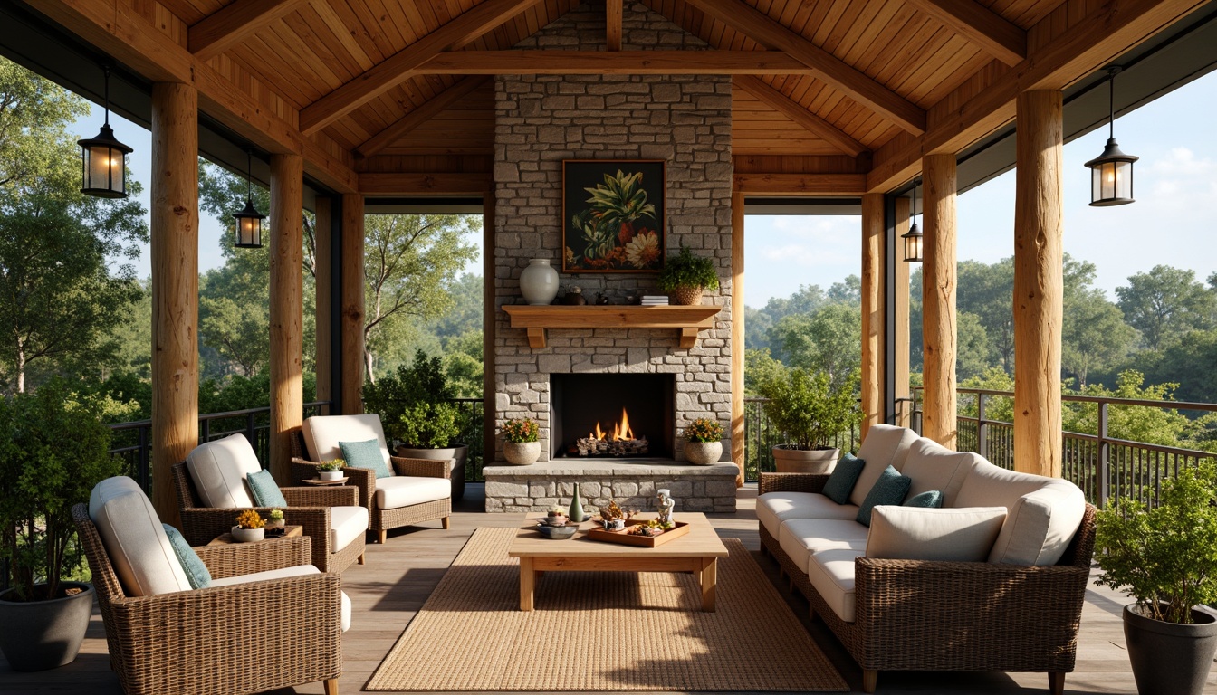 Prompt: Cozy sunroom, natural wood accents, stone fireplace, plush armchairs, woven wicker furniture, vintage decorative items, earthy color palette, comfortable sectional sofas, rustic wooden tables, pendant lanterns, nature-inspired textiles, botanical prints, warm ambient lighting, soft candlelight, panoramic windows, serene outdoor views, lush greenery, blooming flowers.