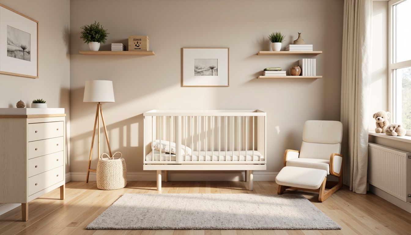 Prompt: Modern baby room, soft pastel colors, gentle lighting, plush area rug, minimalist crib, convertible changing station, ergonomic glider, storage ottoman, floating shelves, wall-mounted decorations, natural wood accents, calming ambiance, warm beige walls, creamy white furniture, subtle texture contrasts, cozy reading nook, 1/1 composition, soft focus, shallow depth of field.