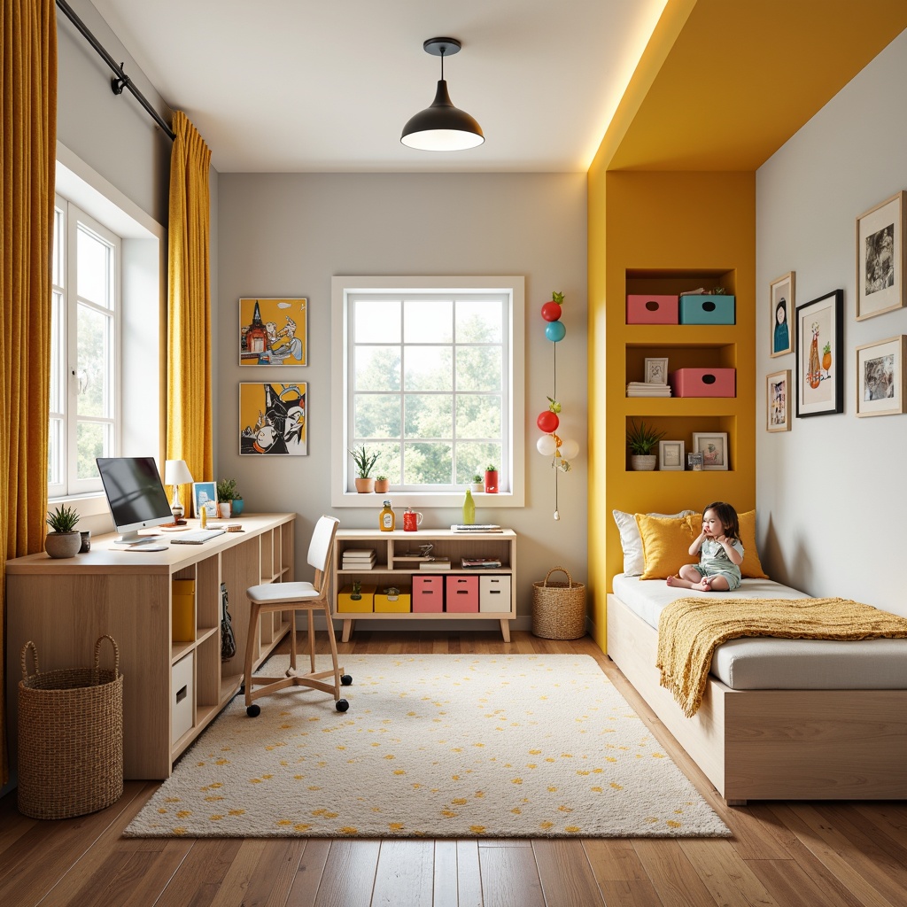 Prompt: Whimsical kids' bedroom, bright color schemes, playful polka dots, soft plush carpets, cozy reading nooks, ergonomic study desks, adjustable height chairs, fun geometric-shaped shelves, vibrant storage bins, interactive wall decals, educational murals, gentle warm lighting, shallow depth of field, 1/1 composition, realistic textures, ambient occlusion.