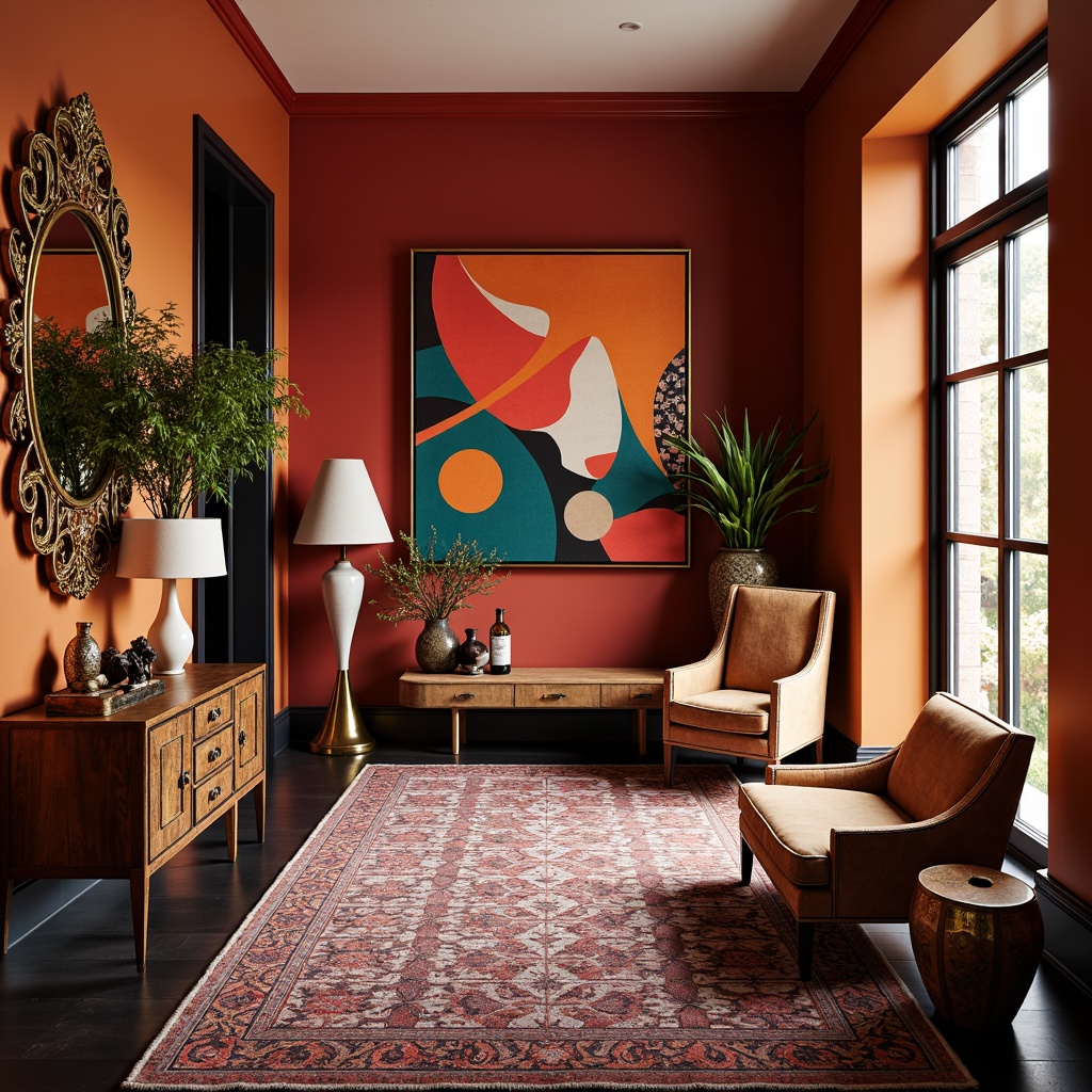 Prompt: Vibrant entryway, bold color blocking, abstract artwork, eclectic furniture pieces, ornate mirrors, statement lighting fixtures, geometric patterned rugs, rich wood accents, luxurious velvety textiles, metallic gold details, high-contrast color scheme, Fauvist-inspired hues, expressive brushstroke patterns, dynamic 3D compositions, dramatic shadows, cinematic lighting effects, 1/1 composition, shallow depth of field, soft focus blur.