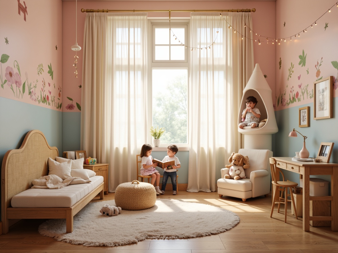 Prompt: Whimsical kids' room, playful color scheme, soft pastel hues, cartoon-inspired wall decals, plush toys, cozy reading nook, wooden furniture, creamy white curtains, delicate lace trim, sweet-themed lighting fixtures, star-shaped lamp shades, cloud-soft pendant lights, string fairy lights, warm golden glow, 1/1 composition, intimate atmosphere, shallow depth of field, realistic textures.