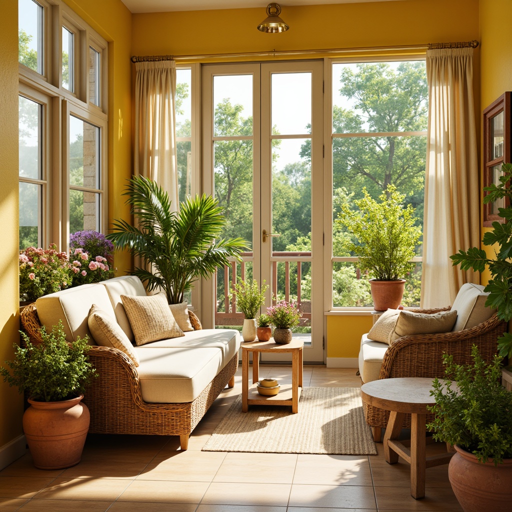 Prompt: Vibrant sunroom, warm natural light, bright yellow walls, creamy white furniture, lush greenery, blooming flowers, earthy terracotta pots, rustic wooden accents, woven rattan chairs, soft beige curtains, panoramic windows, sliding glass doors, warm sunny day, gentle warm lighting, shallow depth of field, 3/4 composition, realistic textures, ambient occlusion.