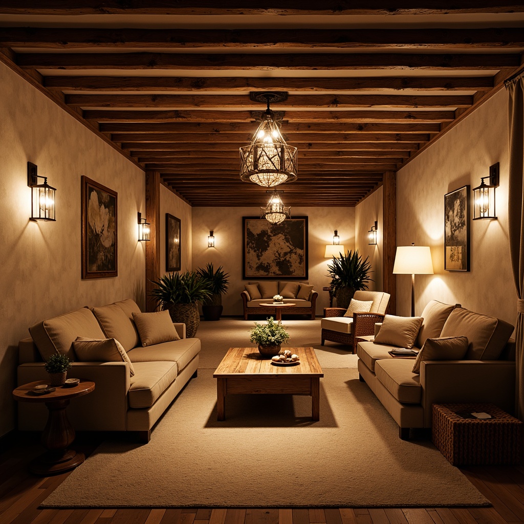 Prompt: Cozy basement, traditional warm lighting, soft warm glow, rustic wooden beams, vintage metal lanterns, ornate chandeliers, dimmable table lamps, comfortable seating areas, plush carpeting, earthy color palette, natural stone walls, exposed brick accents, intimate atmosphere, relaxing ambiance, warm beige tones, creamy whites, rich wood furniture, elegant drapery, subtle shadows, soft focus, 1/2 composition, warm color grading.