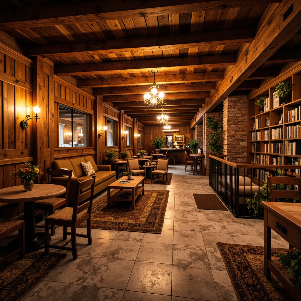 Prompt: Warm traditional basement, rustic wooden beams, vintage furniture, classic brick walls, rich wood paneling, plush area rugs, warm golden lighting, cozy reading nooks, elegant chandeliers, unique flooring patterns, distressed hardwood planks, aged stone tiles, woven natural fiber mats, ornate metal railings, soft earthy tones, inviting atmosphere, subtle texture variations, 1/2 composition, softbox lighting, realistic wood grain textures.