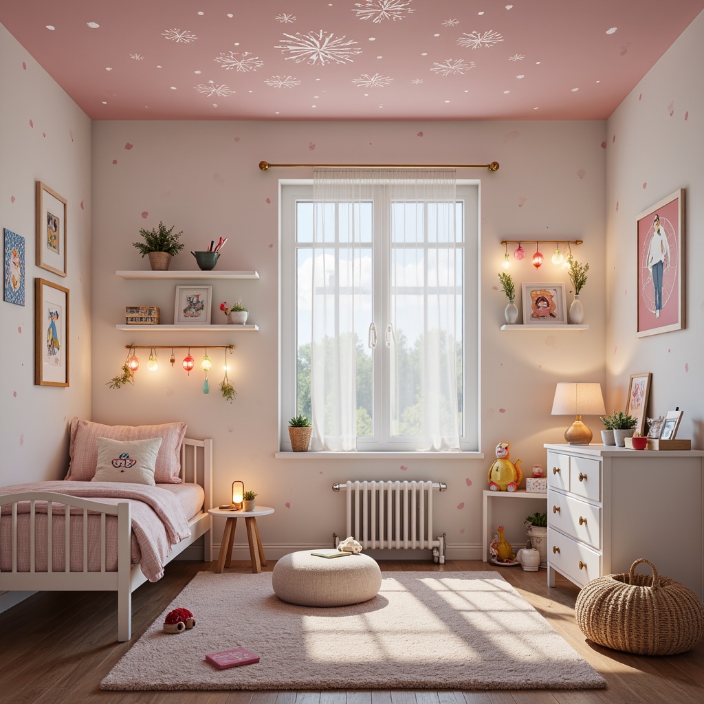 Prompt: Whimsical kids' room, soft pastel colors, cartoon character decals, playful polka dots, sweet fairy lights, string lanterns, rounded table lamps, colorful glass shades, white wooden furniture, cozy reading nook, plush area rug, fun ceiling decorations, starry night sky projection, warm glow lighting, 1/2 composition, shallow depth of field, vibrant textures, soft focus blur.