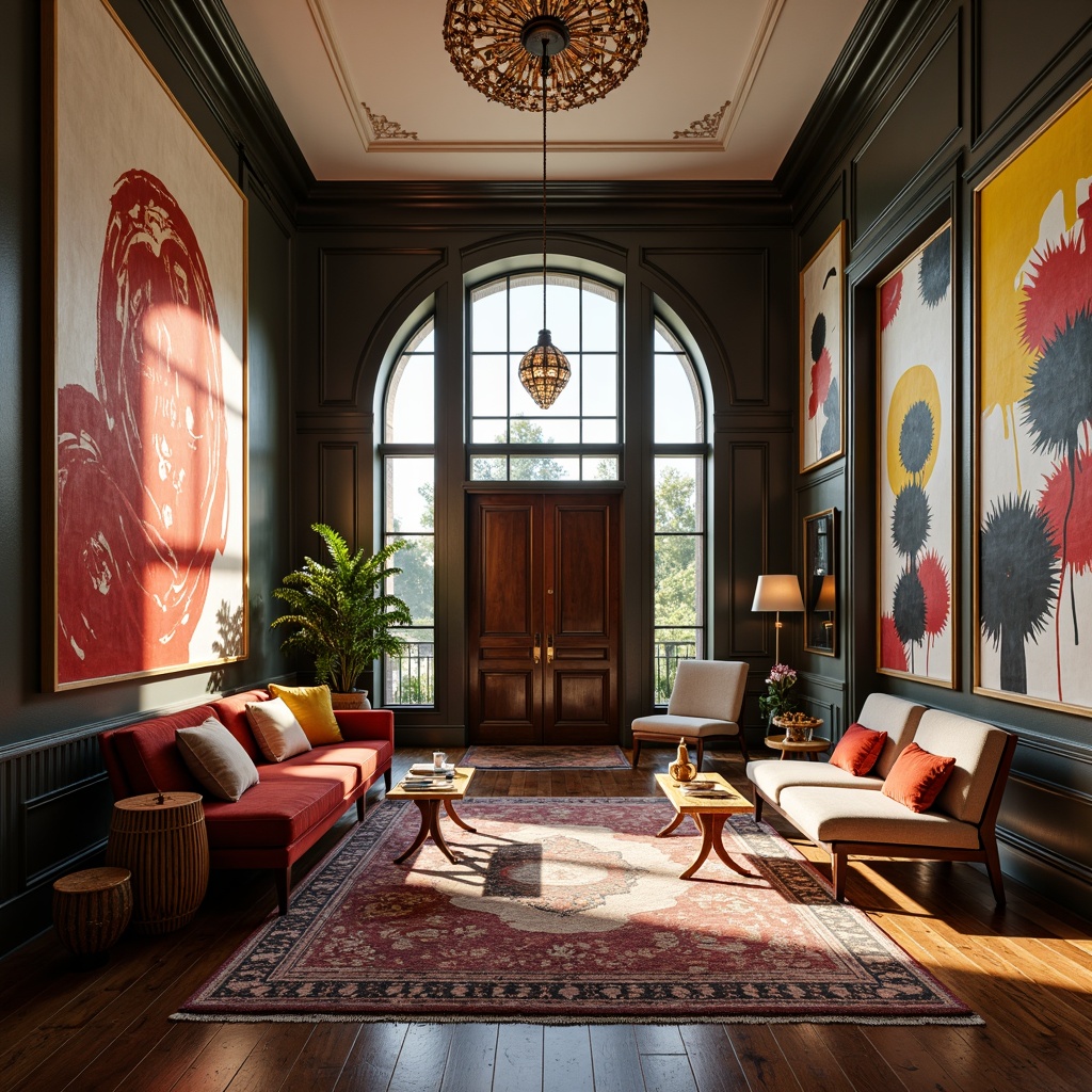 Prompt: Vibrant entry hall, expressive color palette, bold brushstroke patterns, eclectic furniture arrangement, oversized artwork, dramatic lighting fixtures, ornate metallic accents, lavish textiles, plush area rugs, statement pieces, sculptural forms, abstract compositions, emotive architectural details, high-contrast shadows, cinematic ambiance, 1/1 composition, low-angle shot, warm color temperature, realistic material reflections.