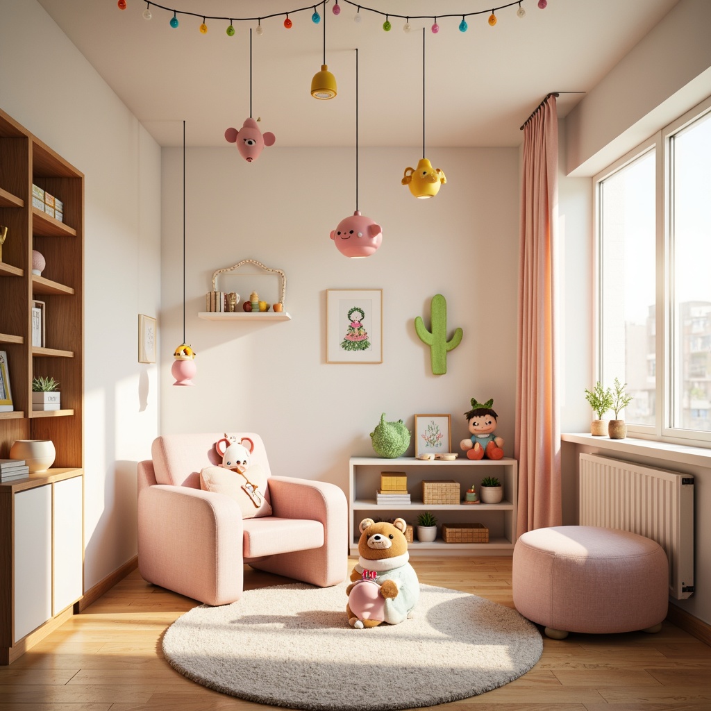 Prompt: Whimsical kids' room, soft pastel colors, playful cartoon characters, fairy lights, colorful string lights, pendant lamps, rounded shapes, kid-friendly materials, safety features, adjustable brightness, warm cozy ambiance, afternoon sunbeams, gentle shade, 1/2 composition, softbox lighting, subtle gradient effects, adorable decorative accents.