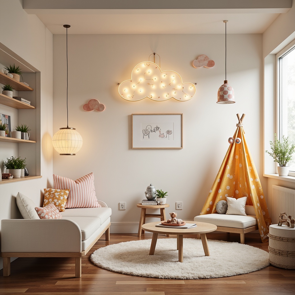 Prompt: Whimsical kids' room, soft pastel colors, playful cloud-shaped lighting fixtures, delicate fairy lights, colorful paper lanterns, fun polka-dot patterns, cozy reading nook, plush area rug, wooden floorboards, modern minimalistic furniture, gentle warm glow, 1/1 composition, shallow depth of field, realistic textures, ambient occlusion.