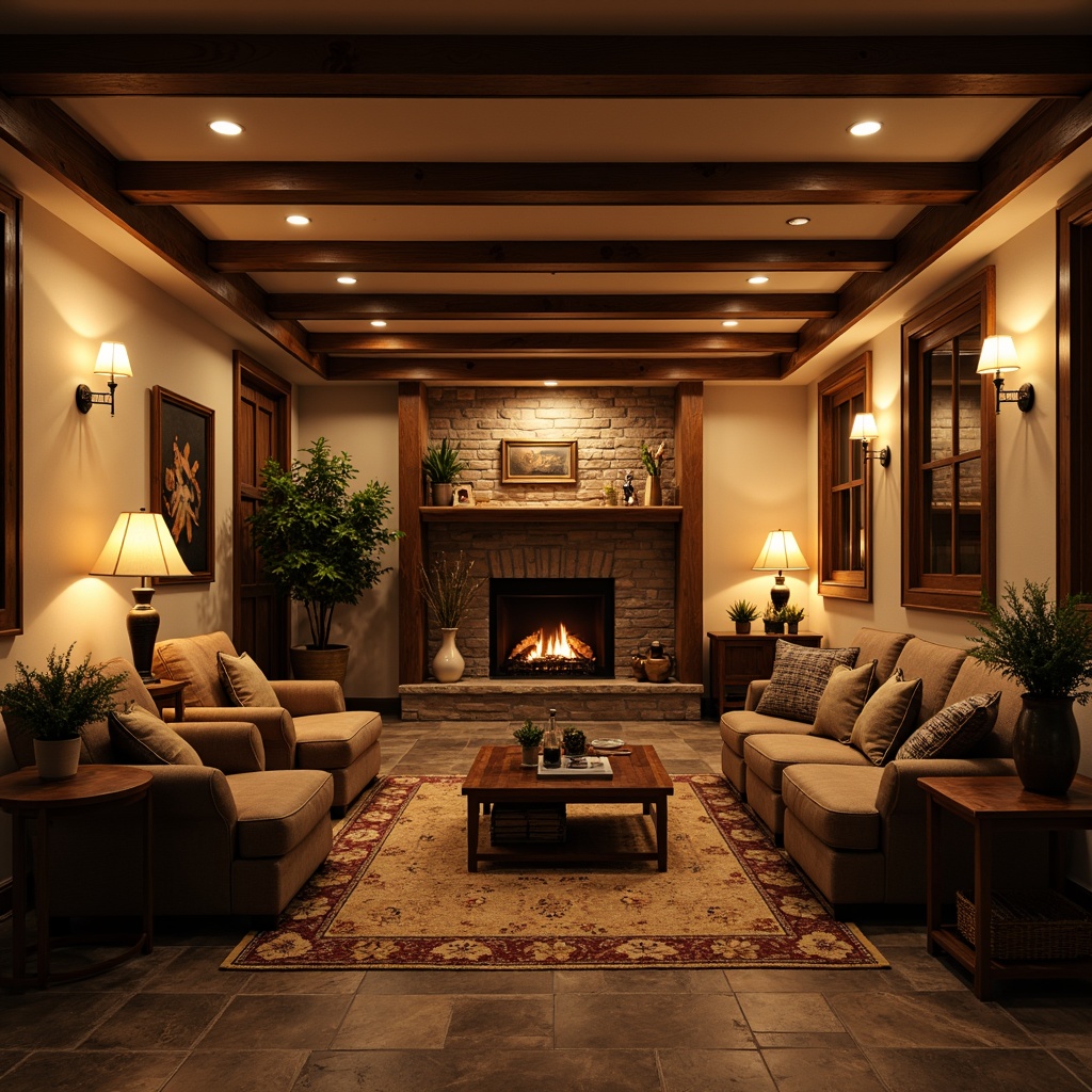 Prompt: Cozy basement, traditional decor, warm beige walls, dark wood accents, rustic stone flooring, soft warm lighting, table lamps, floor lamps, pendant lights, recessed lighting, ambient glow, warm color temperature, comfortable seating areas, plush furniture, vintage decorative items, rich textiles, classic architectural details, ornate moldings, wooden ceiling beams, dimmable lighting, relaxing atmosphere, intimate setting.