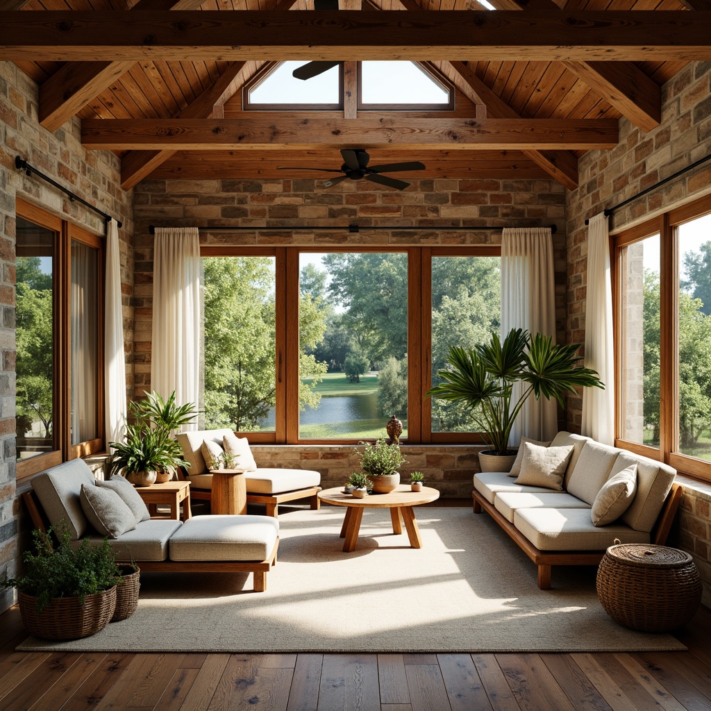 Prompt: Rustic sunroom, wooden beam ceiling, stone walls, earthy tones, natural textiles, vintage decor, oversized windows, sliding glass doors, skylights, clerestory windows, warm ambient lighting, soft diffused light, morning sunlight, afternoon warmth, cozy nooks, plush furniture, woven baskets, potted greenery, wooden accents, distressed finishes, organic shapes, earthy color palette, serene atmosphere, peaceful ambiance.