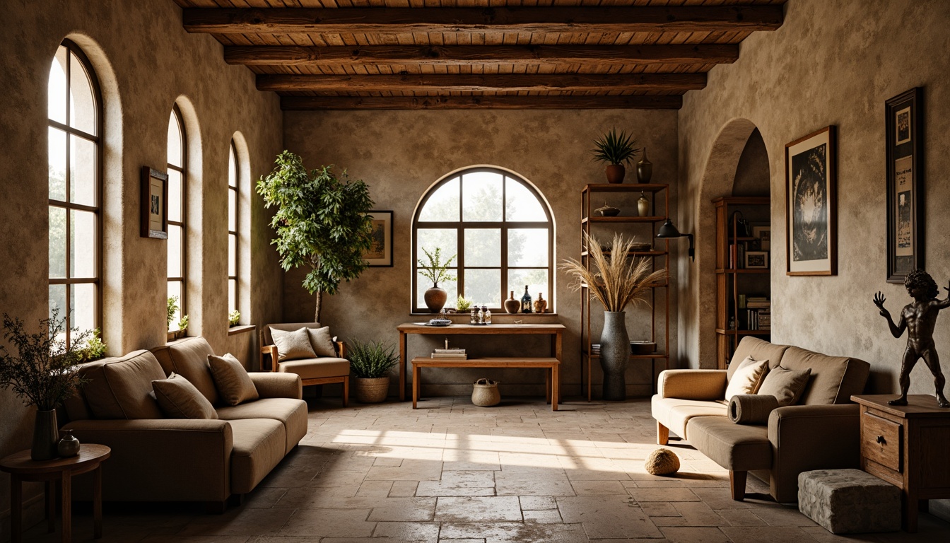 Prompt: Rustic basement, traditional stone walls, earthy color palette, distressed wood accents, warm beige tones, cozy atmosphere, dimmed lighting, arched windows, wooden beams, natural textiles, vintage decorative items, ornate metal fixtures, soft warm glow, shallow depth of field, 1/2 composition, realistic textures, ambient occlusion.