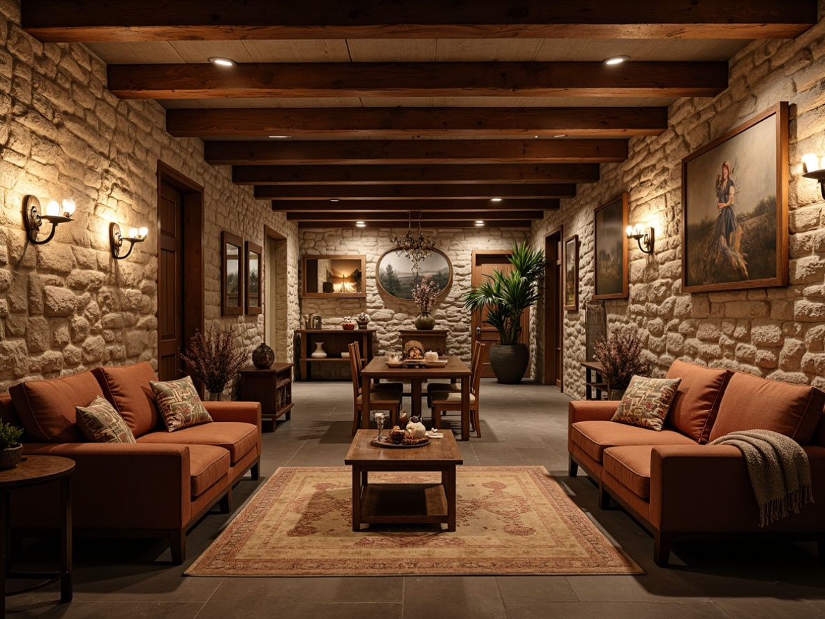 Prompt: Rustic basement atmosphere, traditional stone walls, earthy color palette, rough-hewn wooden accents, distressed brick textures, warm ambient lighting, cozy seating areas, plush throw blankets, vintage decorative items, ornate metal fixtures, natural fiber rugs, soft candlelight, 1/1 composition, shallow depth of field, warm color grading, realistic normal maps.