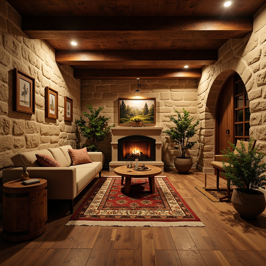 Prompt: Cozy basement, traditional style, warm ambiance, wooden accents, rustic stone walls, earthy color palette, plush area rugs, vintage furniture pieces, richly stained hardwood floors, distressed wood planks, natural fiber carpets, Moroccan-inspired tile patterns, soft warm lighting, 1/2 composition, shallow depth of field, realistic textures.