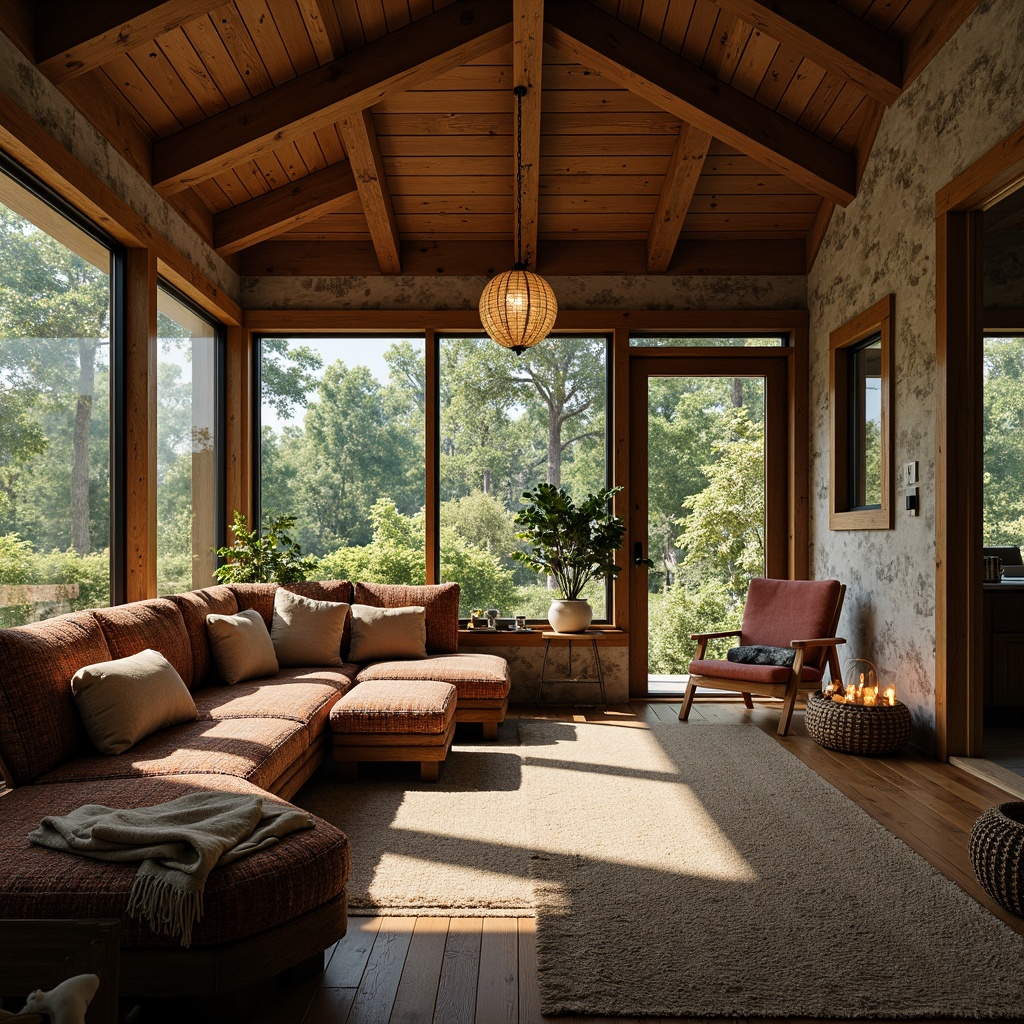 Prompt: Cozy sunroom, wooden beams, natural stone walls, earthy color palette, distressed wood furniture, plush cushions, woven textiles, vintage decor items, lantern-style lighting, candlelit ambiance, floor-to-ceiling windows, panoramic views, lush greenery, outdoor-inspired accents, nature-echoing patterns, organic shapes, warm-toned woods, soft upholstery, chunky throw blankets, woven baskets, natural fiber rugs, ambient sunlight, gentle shadows, 1/1 composition, intimate atmosphere.