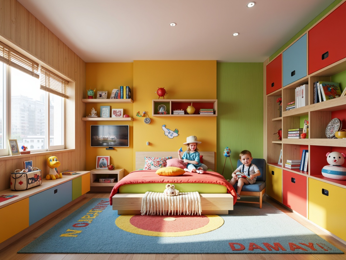 Prompt: Vibrant kids' bedroom, playful furniture design, bright primary colors, soft cushions, rounded edges, sturdy wooden frames, whimsical patterns, cartoon-inspired decals, interactive storage units, modular shelving systems, cozy reading nooks, built-in desks, adjustable lighting fixtures, fun textures, natural wood accents, colorful rugs, lively wall art, 3D geometric shapes, playful typography, shallow depth of field, 1/1 composition, warm and inviting atmosphere.