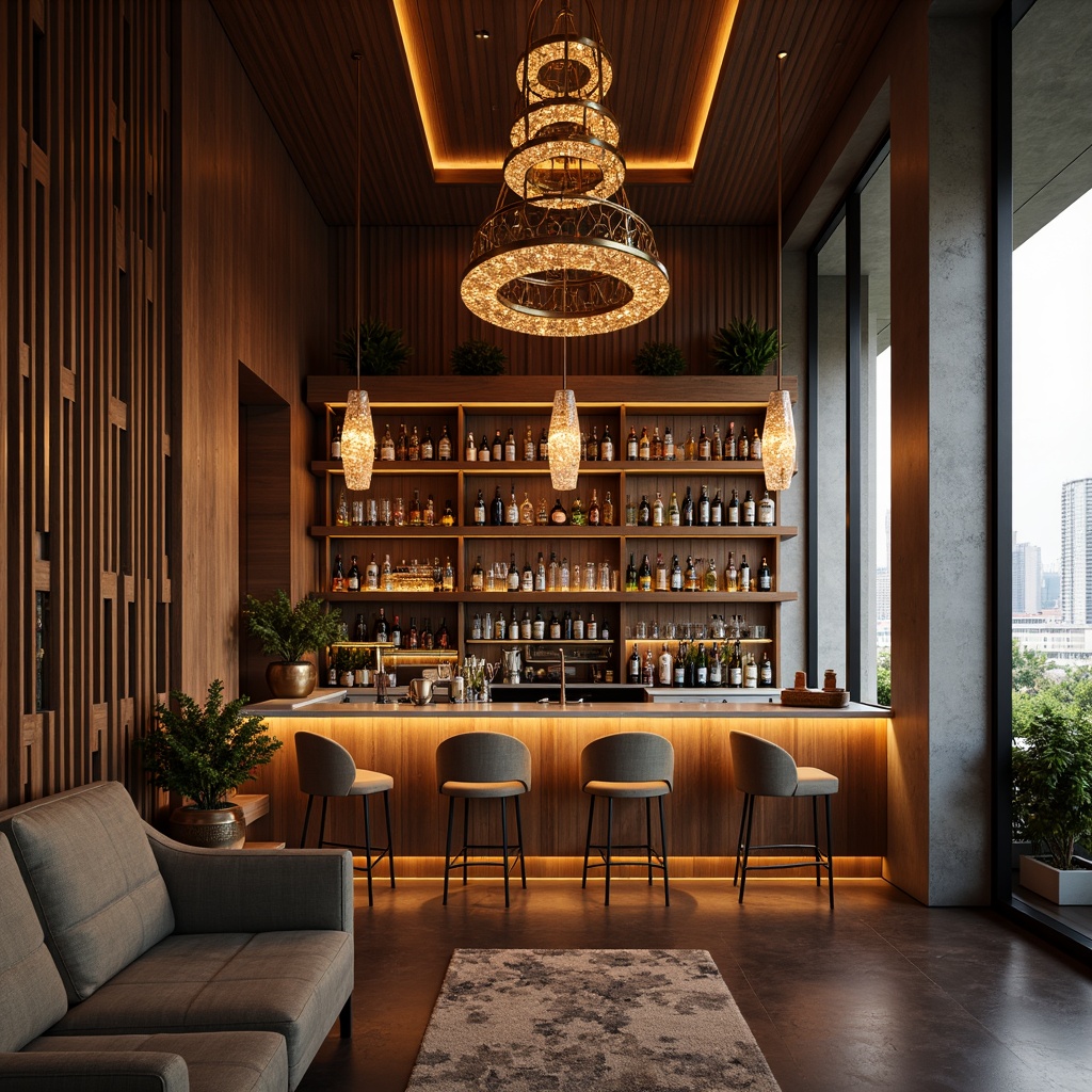 Prompt: Sleek home bar, luxurious ambiance, rich wood tones, metallic accents, ambient backlighting, warm glowing shelves, pendant lighting fixtures, crystal chandeliers, floor-to-ceiling windows, natural daylight, cozy nooks, plush stools, marble countertops, modern minimalist decor, subtle color palette, soft warm glow, atmospheric shadows, 1/1 composition, realistic reflections, detailed textures.