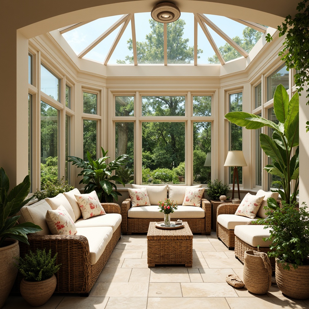 Prompt: Cozy sunroom, warm natural light, bright skylights, comfortable seating, lush greenery, vibrant floral patterns, soft pastel hues, calming beige tones, rich wood accents, plush textiles, natural stone flooring, airy atmosphere, relaxed ambiance, gentle warm colors, creamy whites, soothing blues, earthy browns, subtle yellow undertones, elegant cream shades, sophisticated neutral tones, inviting warmth, serene escape.