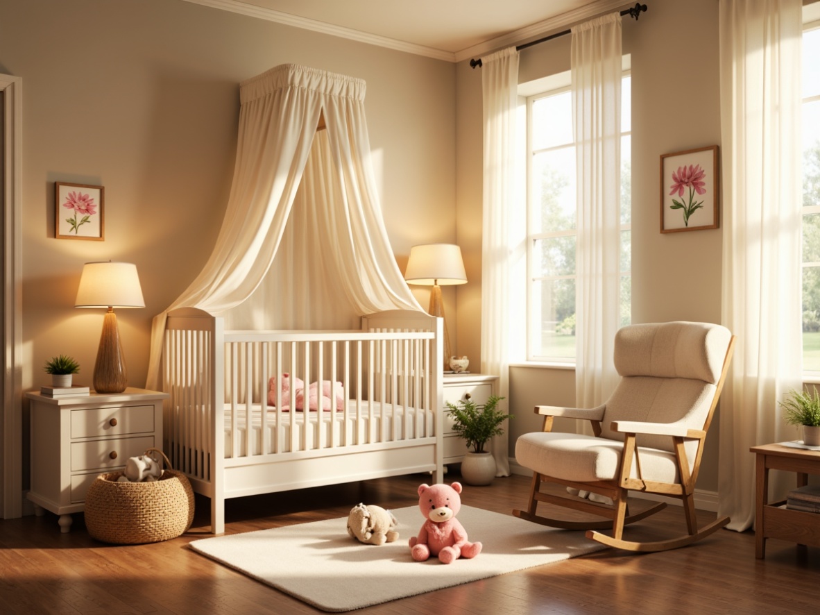 Prompt: Soft warm glow, pastel colors, plush toys, crib with canopy, gentle curtains, warm beige walls, wooden floorboards, creamy white furniture, delicate flower patterns, soothing nursery rhymes, calming music, peaceful ambiance, warm LED lighting, table lamps, softbox lights, cozy reading nook, comfortable glider rocker, natural textures, subtle shadows, shallow depth of field, 1/1 composition, intimate atmosphere.