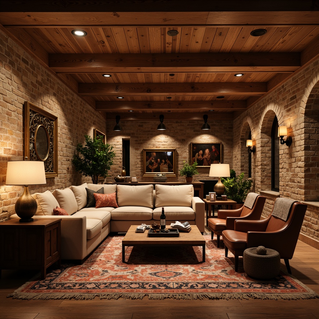 Prompt: Cozy basement, warm wood tones, plush area rugs, comfortable sectional sofas, rustic wooden coffee tables, vintage metal lamps, earthy color palette, natural stone walls, brick archways, classic leather armchairs, ornate metal framed mirrors, richly textured throw blankets, soft warm lighting, dramatic ceiling height, 1/1 composition, realistic wood grain textures, ambient occlusion.