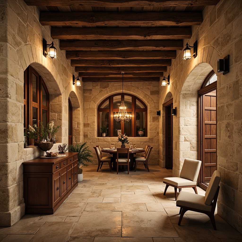 Prompt: Rustic basement walls, natural stone textures, earthy color palette, traditional arches, wooden beam ceilings, cozy ambient lighting, warm beige tones, distressed wood accents, vintage metal fixtures, ornate wooden panels, classic brick patterns, soft warm glow, shallow depth of field, 1/2 composition, realistic renderings, subtle atmospheric effects.