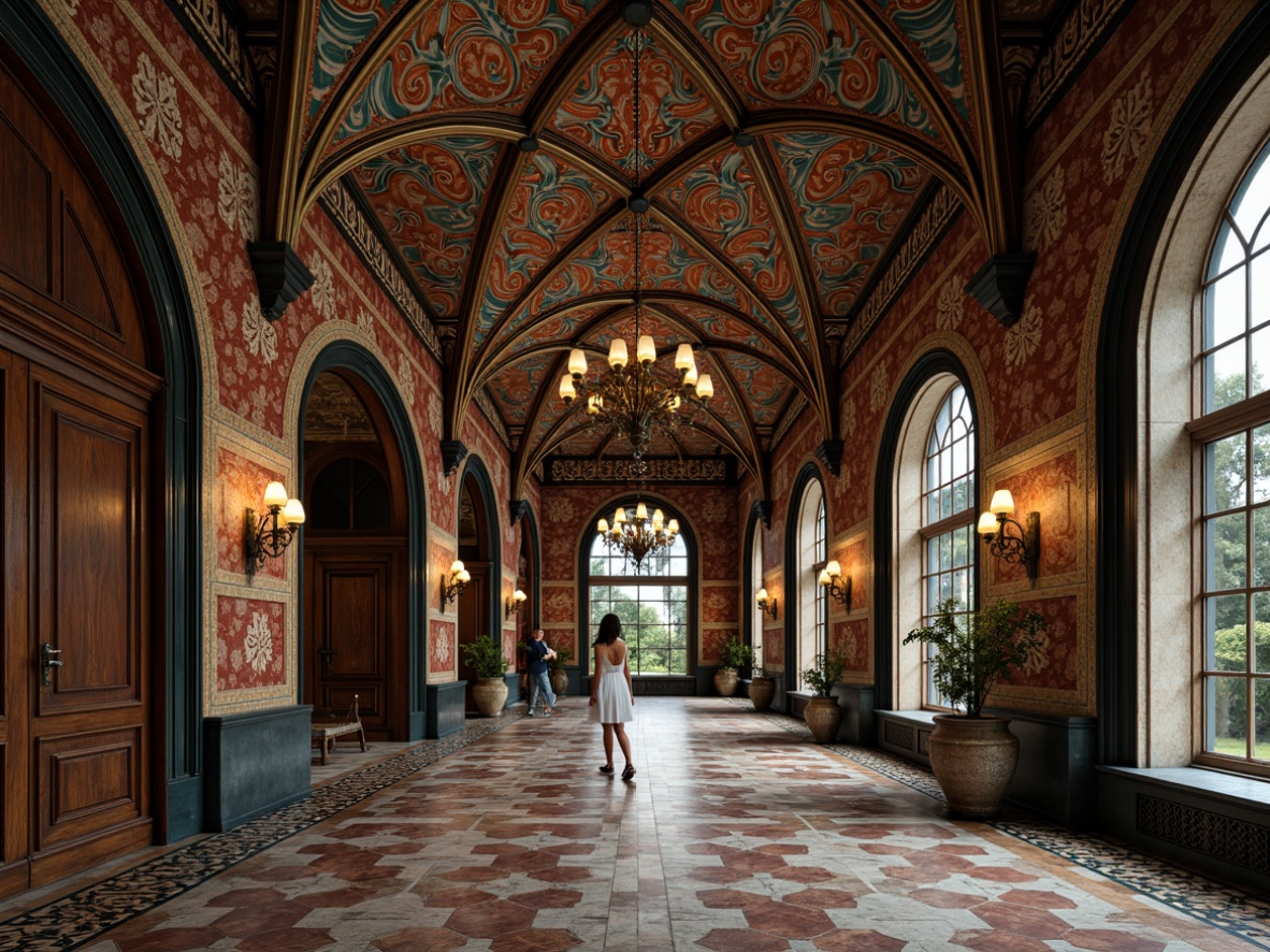 Prompt: Intricate gothic arches, ornate tilework, rich jewel-toned colors, hexagonal mosaic patterns, ornamental borders, luxurious marble floors, dramatic vaulted ceilings, grand chandeliers, elegant bronze fixtures, mysterious ambiance, soft warm lighting, shallow depth of field, 1/2 composition, realistic textures, ambient occlusion.