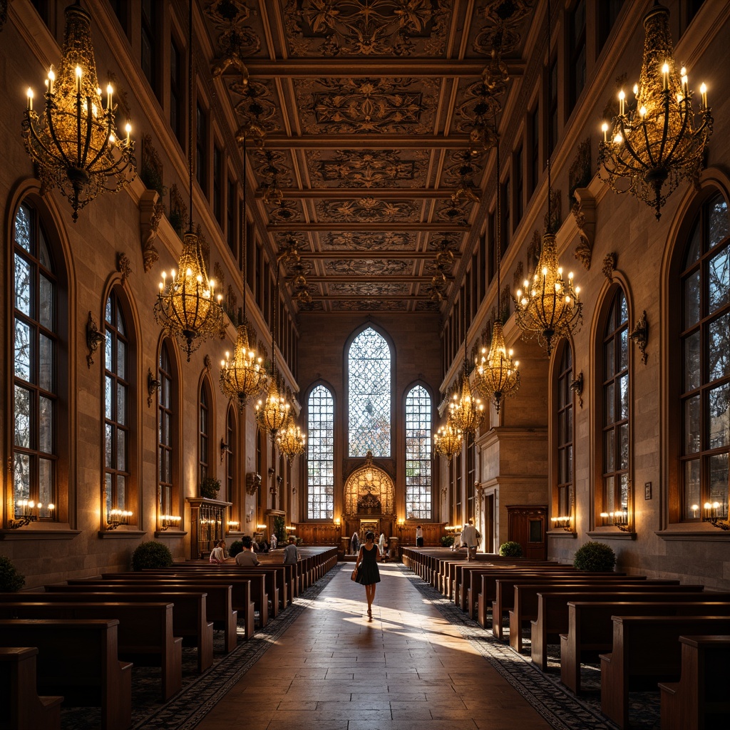 Prompt: Intricate stone carvings, grandiose chandeliers, ornate wooden panels, mysterious vaulted ceilings, mystical stained glass windows, dramatic flying buttresses, luxurious velvet drapes, imposing grandeur, eerie candlelit ambiance, warm golden lighting, shallow depth of field, 1/1 composition, symmetrical framing, highly detailed textures, realistic atmospheric effects.