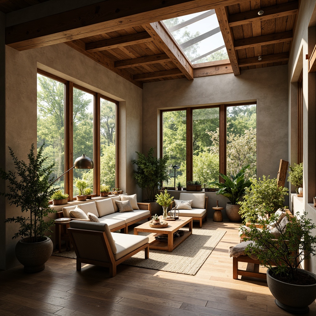 Prompt: Rustic sunroom, wooden beams, earthy tones, natural stone walls, large windows, sliding glass doors, skylights, clerestory windows, warm ambient lighting, soft diffused light, greenery views, blooming flowers, lush foliage, wooden furniture, woven textiles, nature-inspired decor, distressed wood accents, vintage metal lanterns, warm cozy atmosphere, shallow depth of field, 1/1 composition, realistic textures, ambient occlusion.