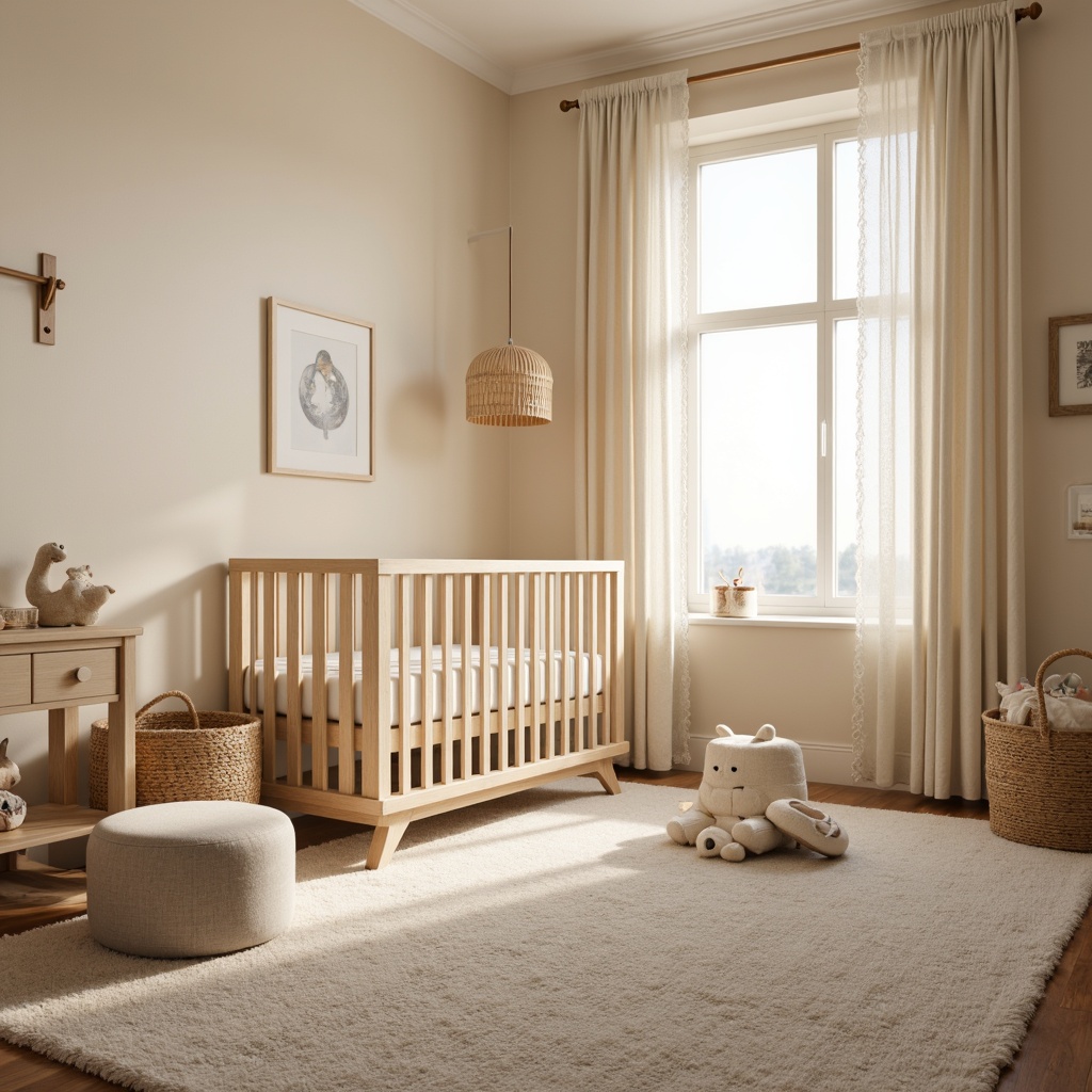 Prompt: Cozy baby nursery, soft plush carpets, calming pastel colors, gentle natural light, warm beige walls, comfortable crib, cuddly toys, soothing fabric textures, breathable cotton materials, hypoallergenic woven fibers, subtle patterned curtains, delicate lace trimmings, serene atmosphere, peaceful ambiance, shallow depth of field, 1/1 composition, softbox lighting, realistic fabrics, ambient occlusion.