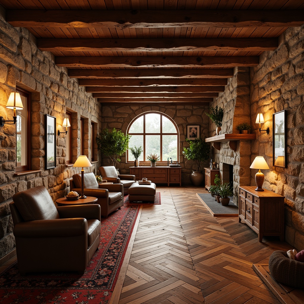 Prompt: Cozy basement, traditional style, warm earthy tones, rustic wooden accents, vintage decor, stone walls, arched windows, plush area rugs, unique flooring, reclaimed hardwood planks, distressed wood textures, herringbone patterns, rich brown colors, soft warm lighting, ambient shadows, 1/1 composition, realistic rendering, detailed normal maps.