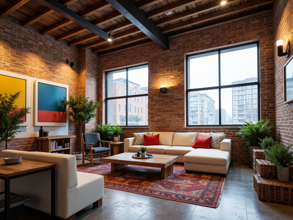 Prompt: Exposed brick walls, metal beams, reclaimed wood furniture, vintage industrial lighting, distressed finishes, bold color accents, bright yellow, deep blue, fiery red, soft pastels, cream whites, urban cityscape views, large windows, natural textiles, cozy area rugs, eclectic decorative items, modern minimalist decor, playful storage crates, fun whimsical patterns, warm atmospheric lighting, shallow depth of field, 3/4 composition, panoramic view, realistic textures, ambient occlusion.